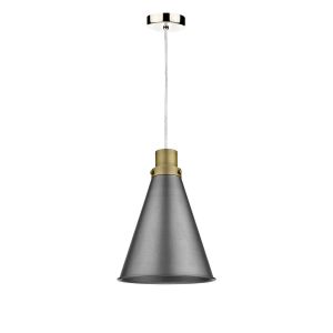 Tonga 1 Light E27 Satin Chrome Adjustable Pendant C/W Aged Brass With Antique Satin Chrome Metal Cone Shaped Shade