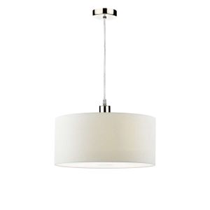 Tonga 1 Light E27 Satin Chrome Adjustable Pendant C/W White Smooth Faux Silk 40cm Drum Shade With Soft White Acrylic Diffuser