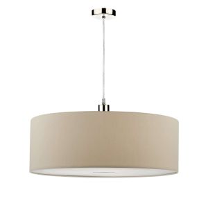 Tonga 1 Light E27 Satin Chrome Adjustable Pendant C/W Taupe Faux Silk 60cm Drum Shade With Soft White Acrylic Diffuser