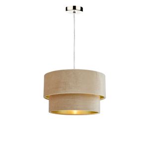 Tonga 1 Light E27 Satin Chrome Adjustable Pendant C/W Taupe Velvet Shade With A Gold Metallic Lining