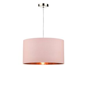 Tonga 1 Light E27 Satin Chrome Adjustable Pendant C/W Pink Smooth Faux Silk Drum Shade With Metallic Rose Gold Lining