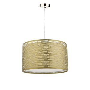 Alto 1 Light E27 Satin Chrome Adjustable Pendant C/W Gold Finish Metal Drum Shade With Intricate Geometric Piercings