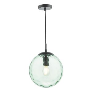 1 Light E27 Matt Black Adjustable Suspension With Black Braided Cable C/W Green Ripple Effect 25cm Glass Shade