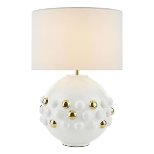 Sphere 1 Light E27 Gloss Glazed White Table Lamp With Inline Switch C/W White Linen Shade