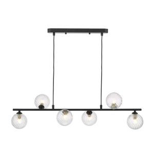 Spiral 6 Light G9 Matt Black Adjustable Linear Bar Pendant C/W Clear Twisted Style Closed Glass Shades