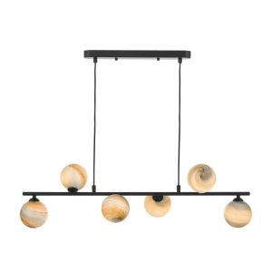 Spiral 6 Light G9 Matt Black Adjustable Linear Bar Pendant C/W Large Planet Style Glass Shades