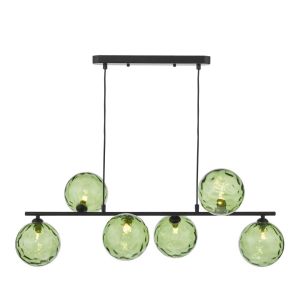 Spiral 6 Light G9 Matt Black Adjustable Linear Bar Pendant C/W Green Dimpled Glass Shades