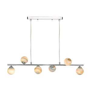 Spiral 6 Light G9 Polished Chrome Adjustable Linear Bar Pendant C/W Planet Style Glass Shades