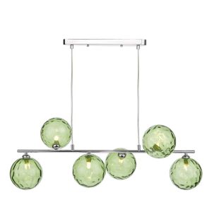 Spiral 6 Light G9 Polished Chrome Adjustable Linear Bar Pendant C/W Green Dimpled Glass Shades