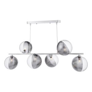 Spiral 6 Light G9 Polished Chrome Adjustable Linear Bar Pendant C/W 15cm Smoked & Clear Ribbed Glass Shades