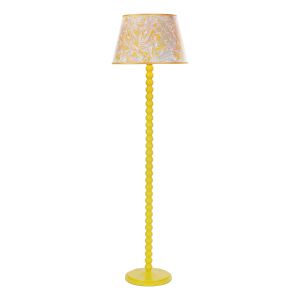 Spool 1 Light E14 Yellow Bobbin Wood Style Floor Lamp With Inline Foot Switch (Base Only)