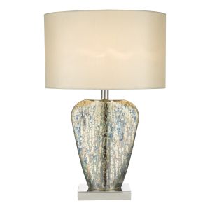 Syracuse 1 Light E27 Antique Silver/Mercury Glass Table Lamp With Inline Switch C/W White Faux Silk Shade