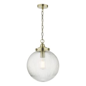 Tamara 1 Light E27 Antique Brass Adjustable Single Vintage Globe Pendant With Clear Ribbed Glass Shade