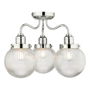 Tamara 3 Light E14 Polished Chrome Semi Flush IP44 Bathroom Ceiling Fitting With Clear Globe Ribbed Glass Shades