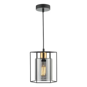 Tatum 1 Light E27 Matt Black Adjustable Caged Style Pendant With Smoked Glass Shade