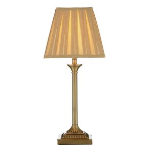Taylor 1 Light E14 Antique Brass Table Lamp With Inline Switch C/W Gold Faux Silk Pleated Shade