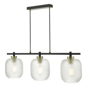 Tehya 3 Light E27 Matt Black Adjustable Linear Bar Pendant With Satin Brass Accents C/W Clear Lozenge-Shaped Glass Shade