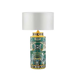 Teisha 1 Light E27 Green/Gold Animal Motif Table Lamp With In-Line Switch C/W Hilda Ivory Faux Silk 35cm Drum Shade