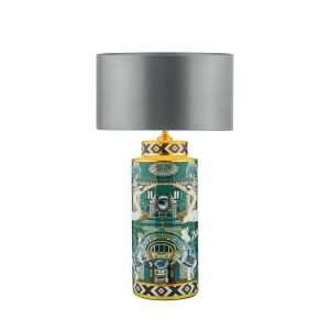 Teisha 1 Light E27 Green/Gold Animal Motif Table Lamp With In-Line Switch C/W Hilda Grey Faux Silk 35cm Drum Shade