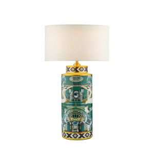 Teisha 1 Light E27 Green/Gold Animal Motif Table Lamp With In-Line Switch C/W Pyramid White Linen 35cm Drum Shade