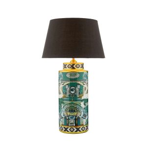 Teisha 1 Light E27 Green/Gold Animal Motif Table Lamp With In-Line Switch C/W Safia Black Cotton Tapered 36cm Drum Shade