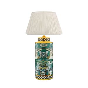 Teisha 1 Light E27 Green/Gold Animal Motif Table Lamp With In-Line Switch C/W Ulyana Ivory Faux Silk Pleated 35cm Shade