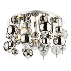 Thora 5 Light G9 Polished Chrome Flush Ceiling Fitting With Transparent & Reflective Glass Spheres