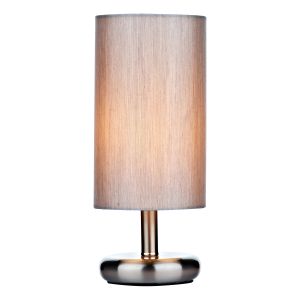 Tico 1 Light E14 Satin Chrome 3 Stage Touch Table Lamp C/W Grey Cotton Shade