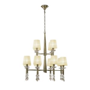 Tiffany 85cm Pendant 2 Tier 12+12 Light E14+G9, Antique Brass With Cream Shades & Clear Crystal