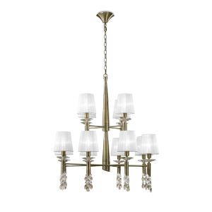 Tiffany 85cm Pendant 2 Tier 12+12 Light E14+G9, Antique Brass With White Shades & Clear Crystal