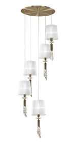 Tiffany Pendant 5+5 Light E27+G9 Spiral, Antique Brass With White Shades & Clear Crystal