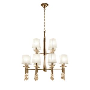 Tiffany 85cm Pendant 2 Tier 12+12 Light E14+G9, French Gold With White Shades & Clear Crystal