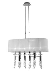 Tiffany Pendant 6+6 Light E27+G9 Oval, Polished Chrome With White Shade & Clear Crystal