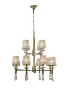 Tiffany 85cm Pendant 2 Tier 12+12 Light E14+G9, Antique Brass With Soft Bronze Shades & Clear Crystal