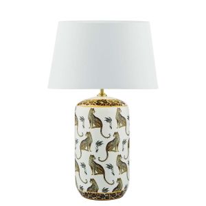 Tigris 1 Light E27 White Ceramic With Leopard Motif Table Lamp With In-Line Switch C/W Cezanne White Faux Silk Tapered 45cm Drum Shade