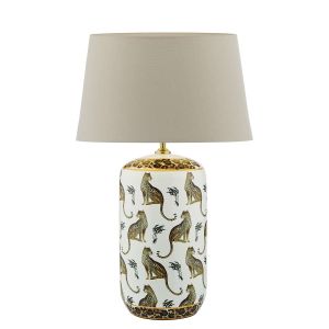 Tigris 1 Light E27 White Ceramic With Leopard Motif Table Lamp With In-Line Switch C/W Cezanne Taupe Faux Silk Tapered 45cm Drum Shade