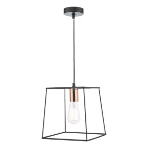 Tower 1 Light E27 Matt Black With Copper Adjustable Wire Frame Box Pendant