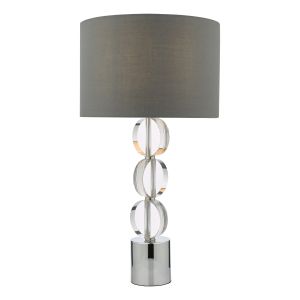Tuke 1 Light E27 Polished Chrome Touched Table Lamp With Crystal C/W Grey Cotton Shade