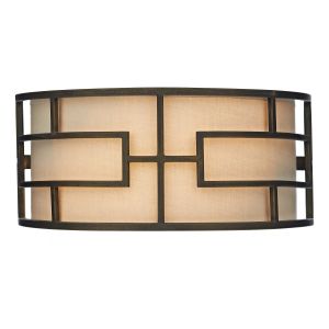 Tumola 2 Light E27 Bronze Metal Work Wall Light Complimented By Natural Linen Shade & Glass Diffuser