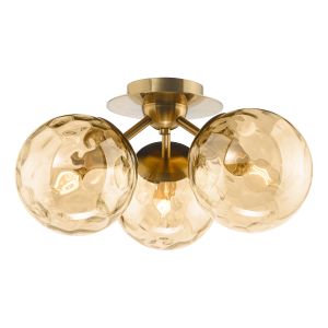 Ulrika 3 Light  G9 Antique Brass Flush Ceiling Fitting With Amber Dimpled Glass Shades