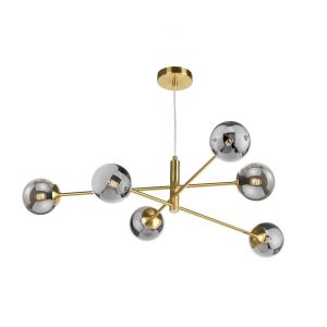 Vignette 6 Light G9 Aged Brass Adjustable Pendant Ceiling C/W Smoked Glass Shades
