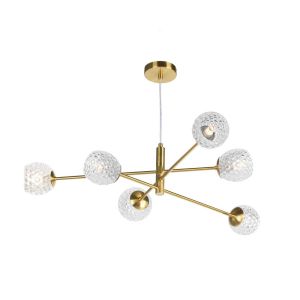 Vignette 6 Light G9 Aged Brass Adjustable Pendant Ceiling C/W Clear Dimpled Open Style Glass Shade