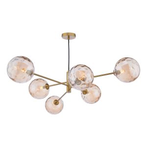 Vignette 6 Light G9 Aged Brass Adjustable Pendant Ceiling C/W Champagne Dimpled Glass Shades