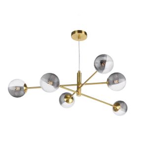 Vignette 6 Light G9 Aged Brass Adjustable Pendant Ceiling C/W 10cm Smoked & Clear Ribbed Glass Shades