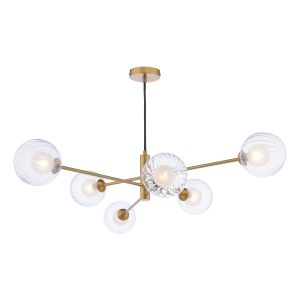 Vignette 6 Light G9 Aged Brass Adjustable Pendant Ceiling C/W 12cm Opal & Clear Ribbed Glass Shades