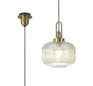 Vista 1 Light Pendant E27 With 30cm Pumpkin Shaped Ribbed Glass, Champagne Brass Gold/Matt Black