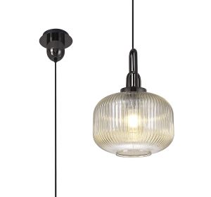 Vista 1 Light Pendant E27 With 30cm Pumpkin Shaped Ribbed Glass, Champagne Black Chrome/Matt Black