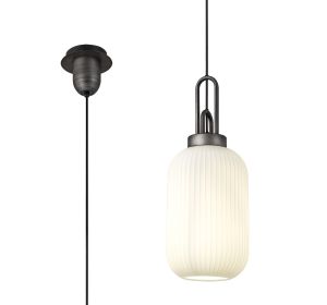 Vista 1 Light Pendant E27 20cm Tubular Ribbed Glass, Opal Black/Aged Pewter