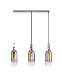 Vista Linear 3 Light Pendant E27 With 16cm Cylinder Glass, Smoked/Clear Polished Nickel/Matt Black