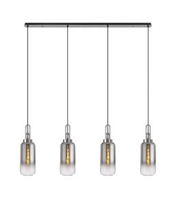 Vista Linear 4 Light Pendant E27 With 16cm Cylinder Glass, Smoked/Clear Polished Nickel/Matt Black